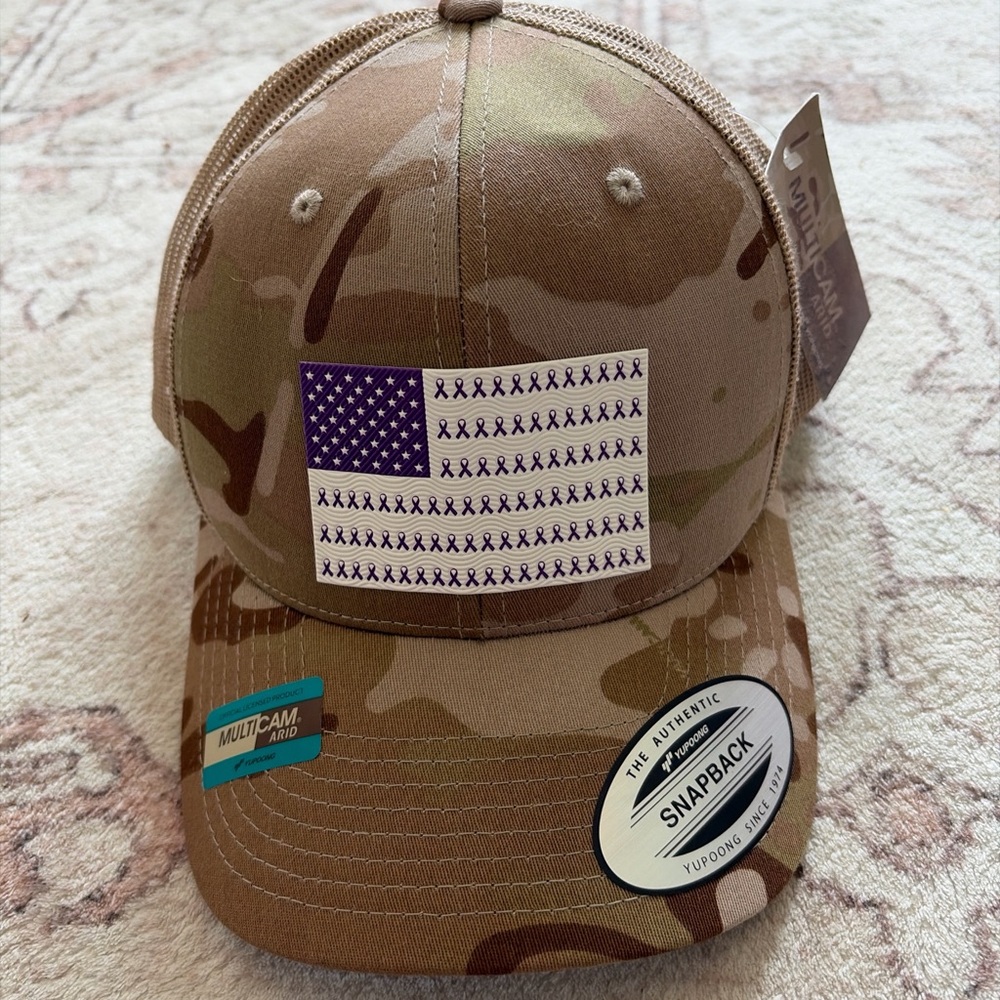 NWT Camouflage Snapback Hat with Project Purple/Pancreatic cancer flag patch